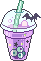 A purple drink with skulls for boba balls and a bat decorating the cup.