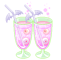 A pink fizzy drink with ice cubes and eyebals. A batwing straw is sticking out of the glass.