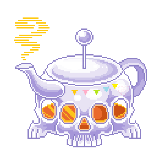 A giant teapot shaped like a skull where if you look into the eye sockets you can see an orange liquid.