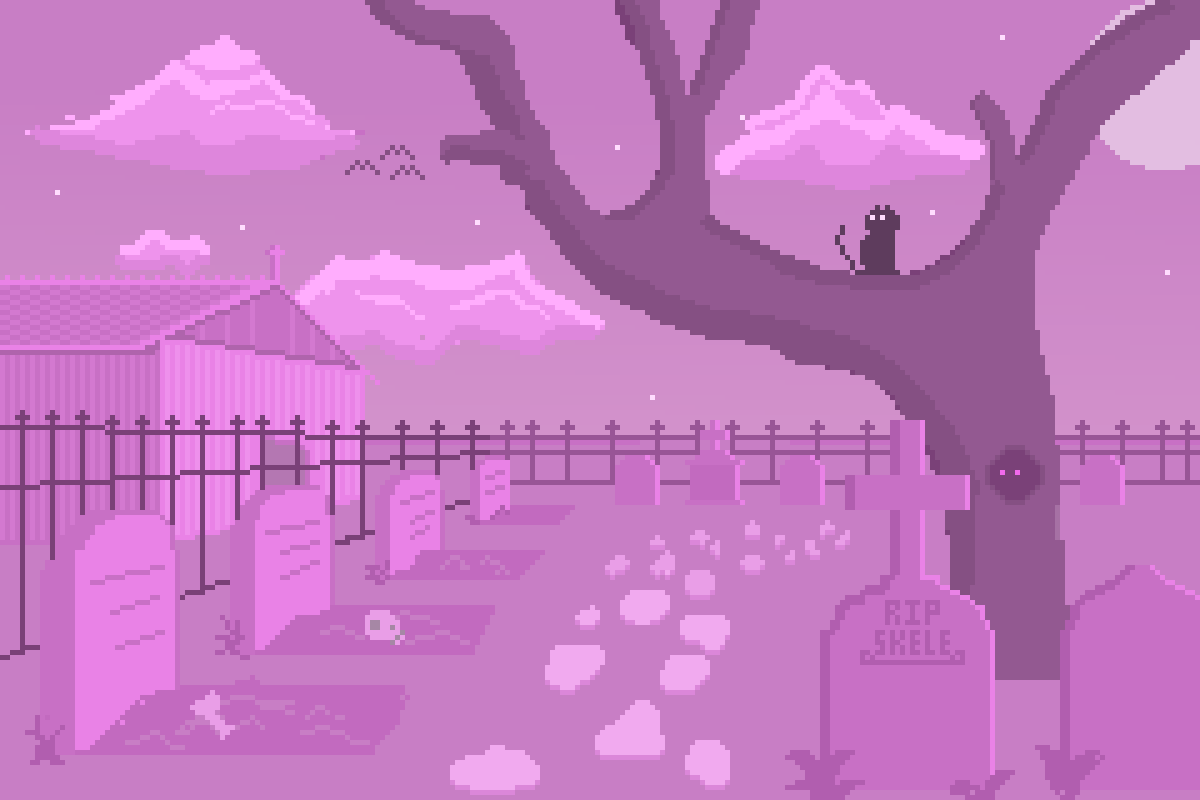 A pink hued graveyard with a giant tree to the right, a black cat on the branches, and bright eyes shining through a dark hole in the tree.